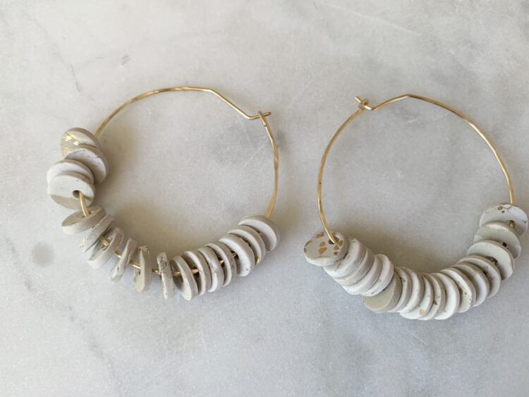 Gold & White Statement Earrings - Hammered Gold Hoop Earring
