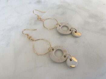 Gold & White Statement Earrings - Hammered Gold Hoop Earring