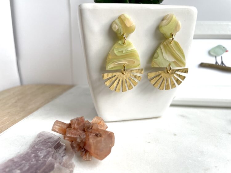 Green and Gold Handmade Clay Dangle Earrings