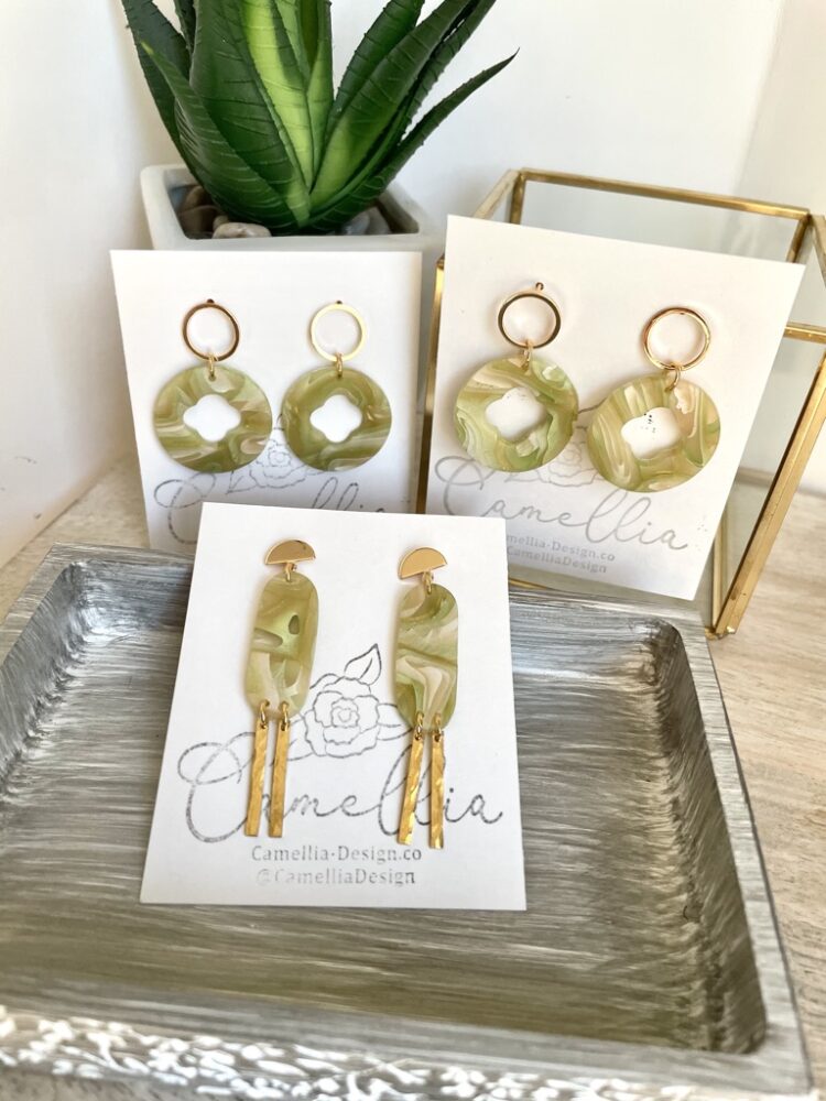 Green and Gold Handmade Clay Dangle Earrings