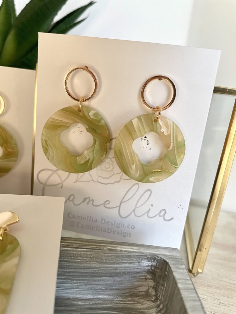 Green and Gold Handmade Clay Dangle Earrings