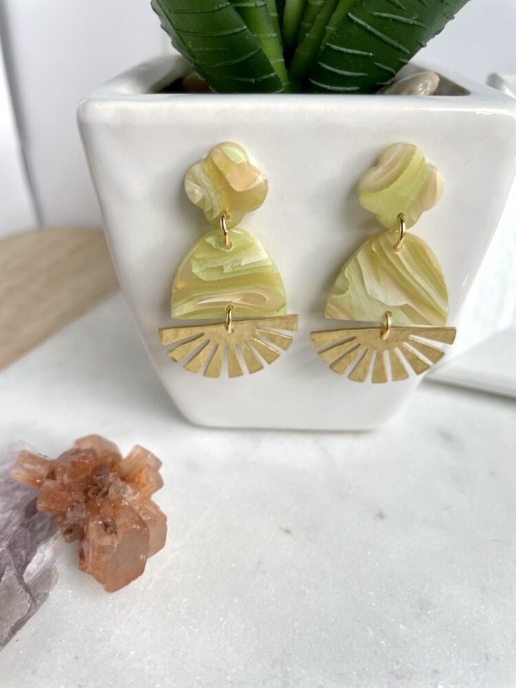 Green and Gold Handmade Clay Dangle Earrings