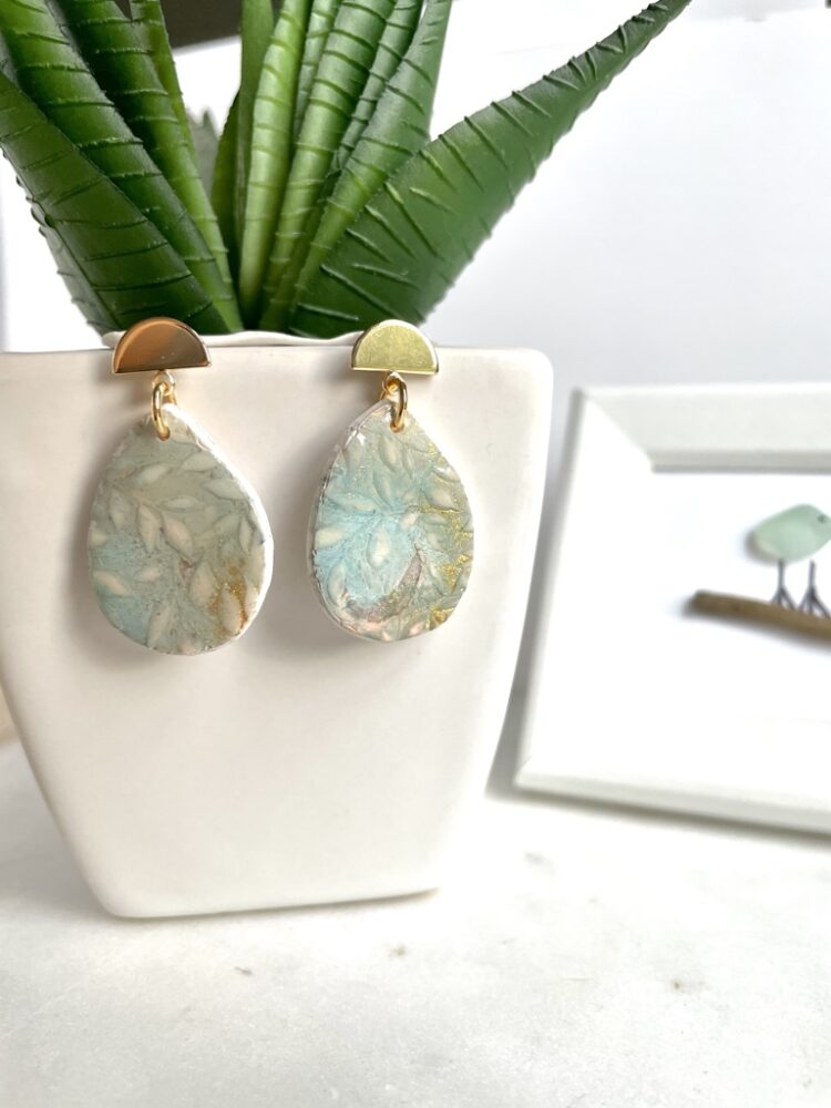 Handmade Blue and Gold Floral Clay Dangle Earrings