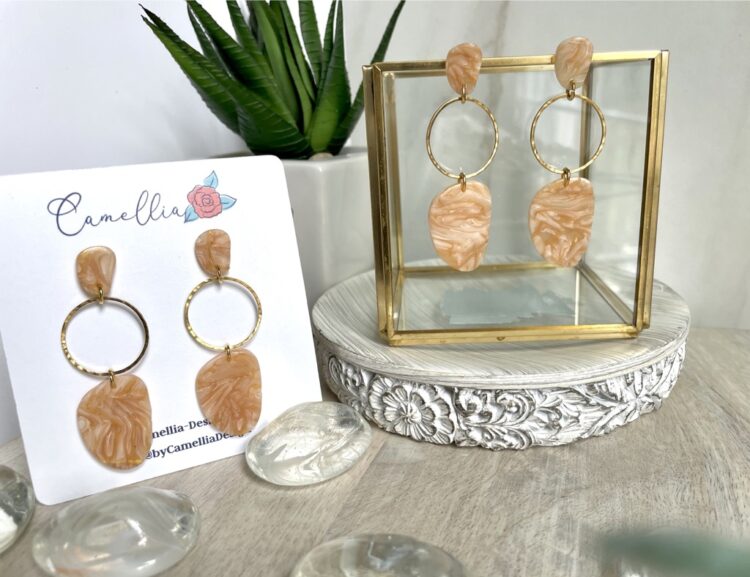Peach and Gold Handmade Clay Dangle Earrings