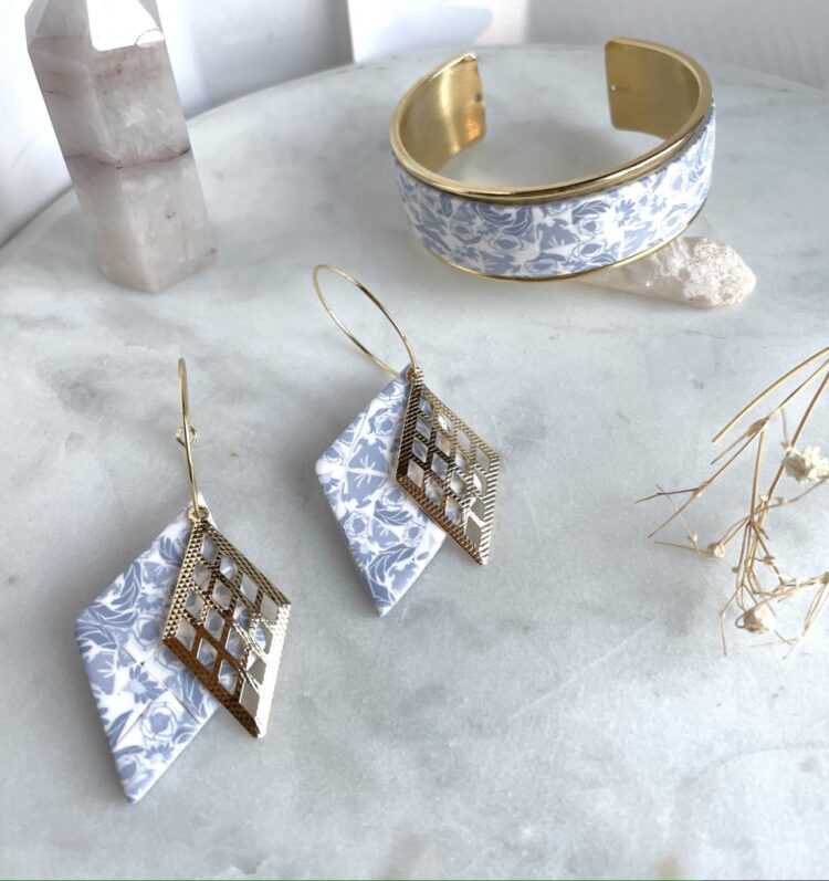 Blue and White Dangle Earrings and Cuff Bracelet
