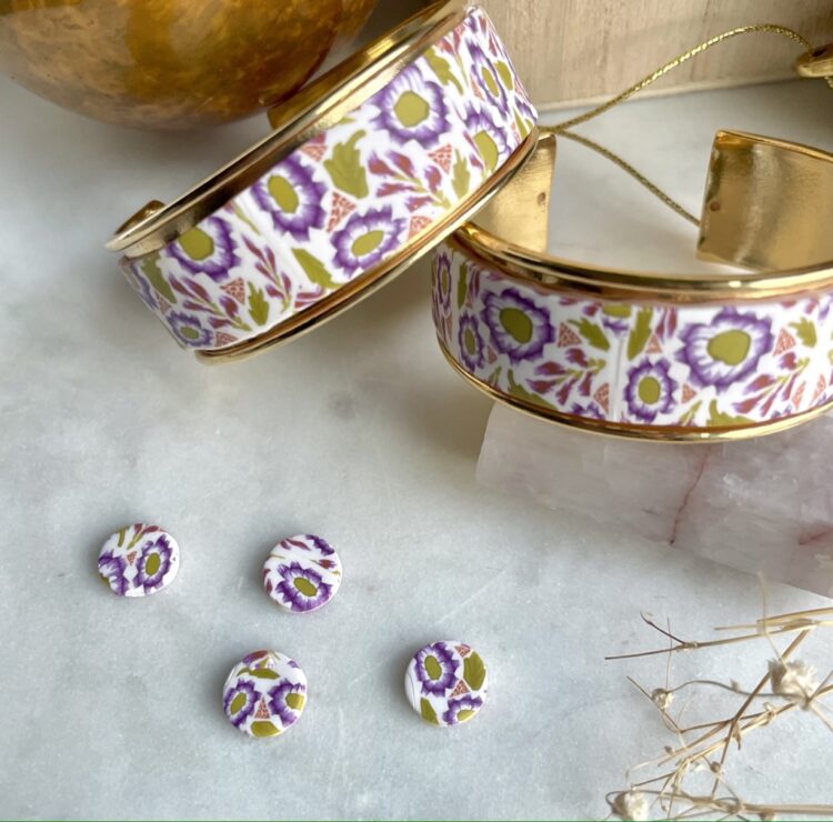 Purple Floral Stud Earrings and Cuff Bracelet