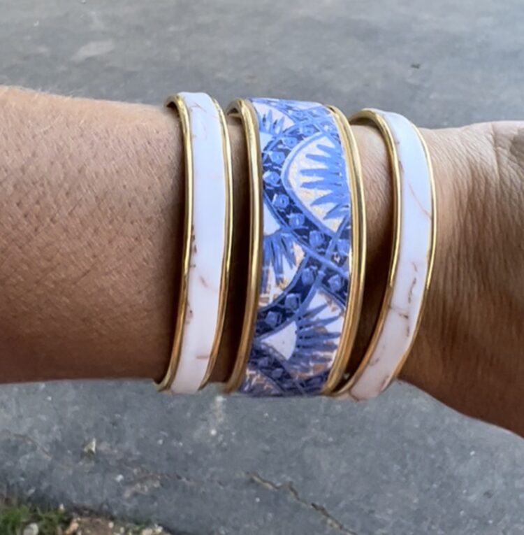 blue and white bracelet stack